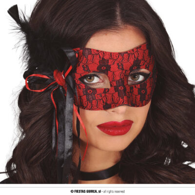 VENETIANSK MASK RÖD/ SVART MED FJÄDER